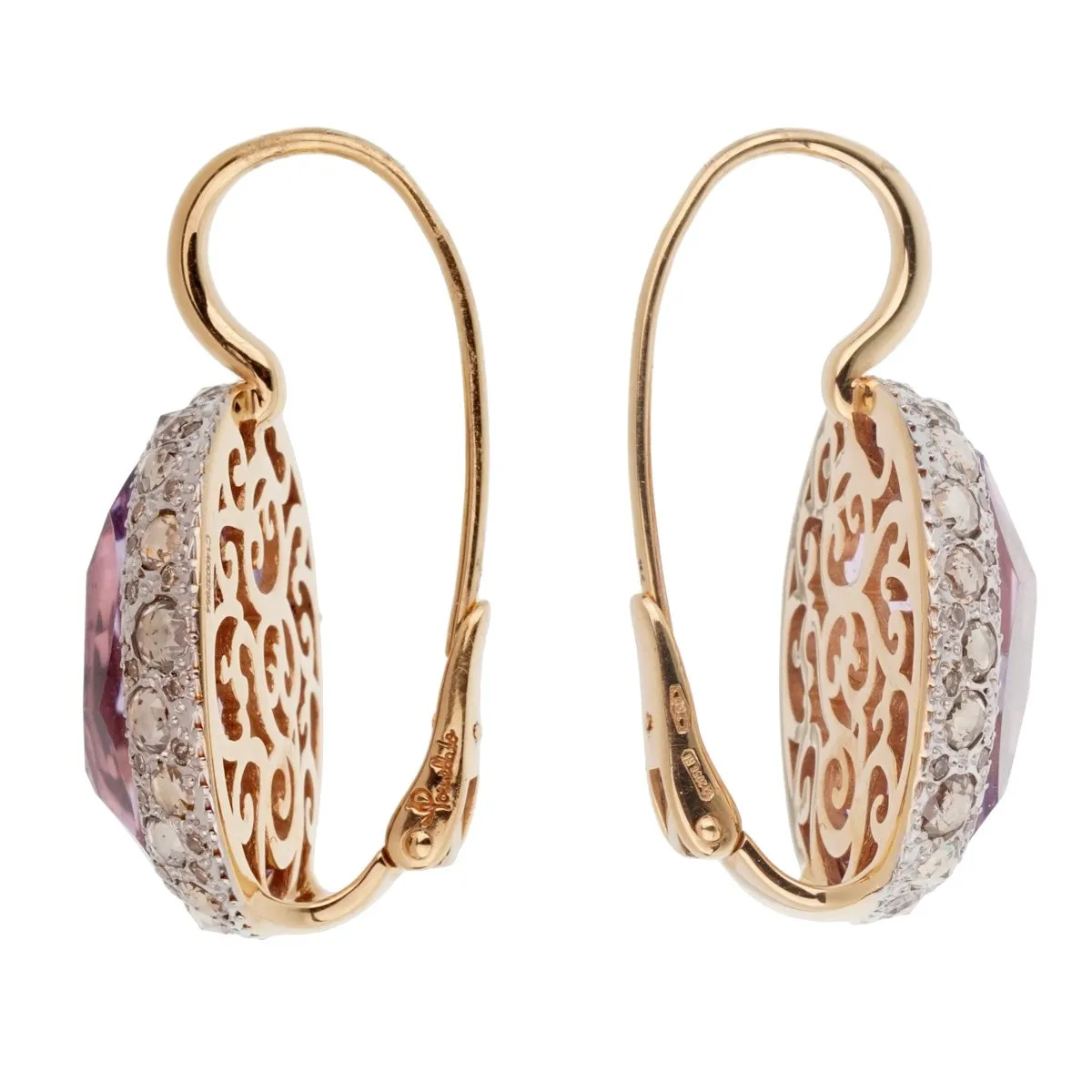 Pomellato 14 Carat Amethyst Diamond Rose Gold Drop Earrings