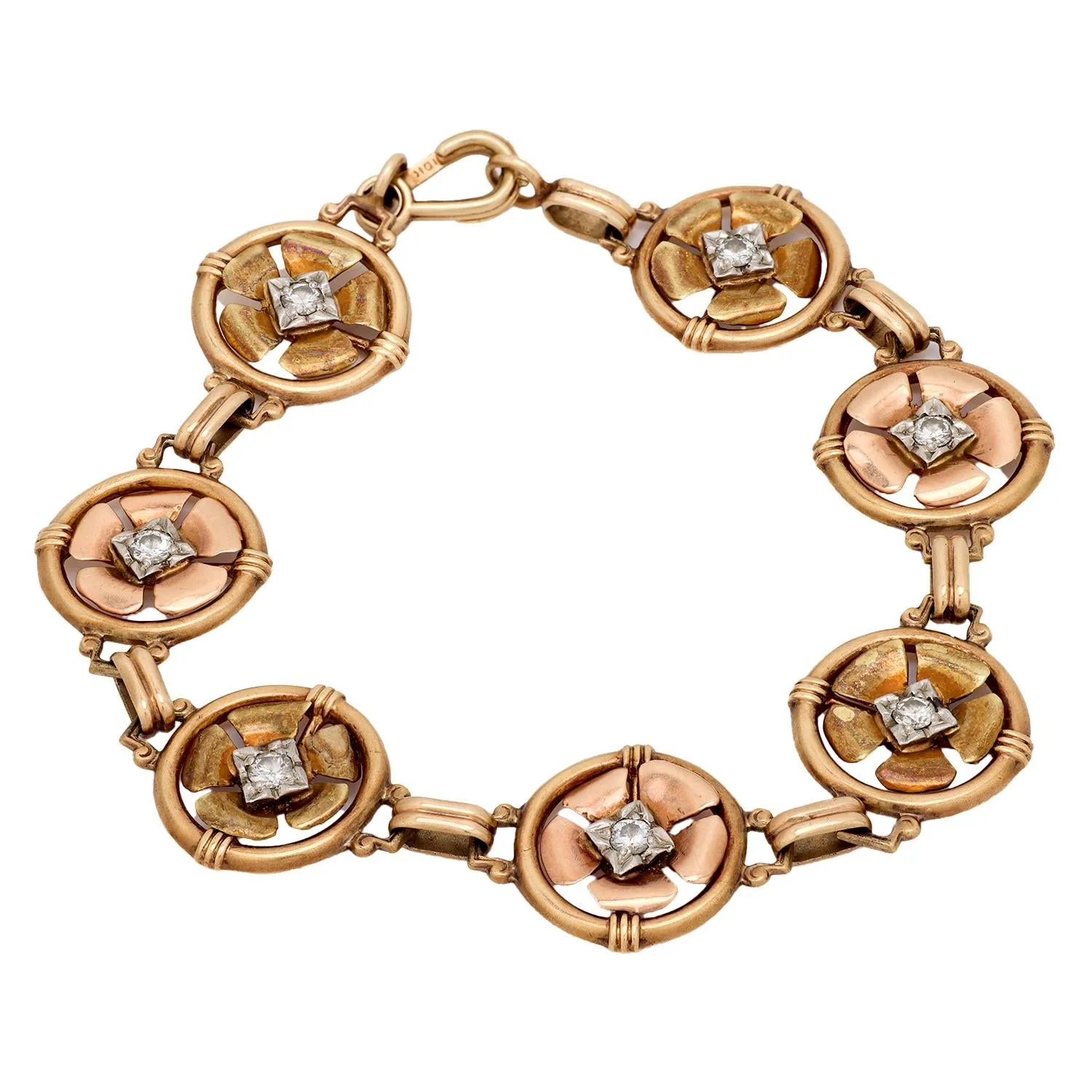 Retro diamond 10k rose gold flower bracelet