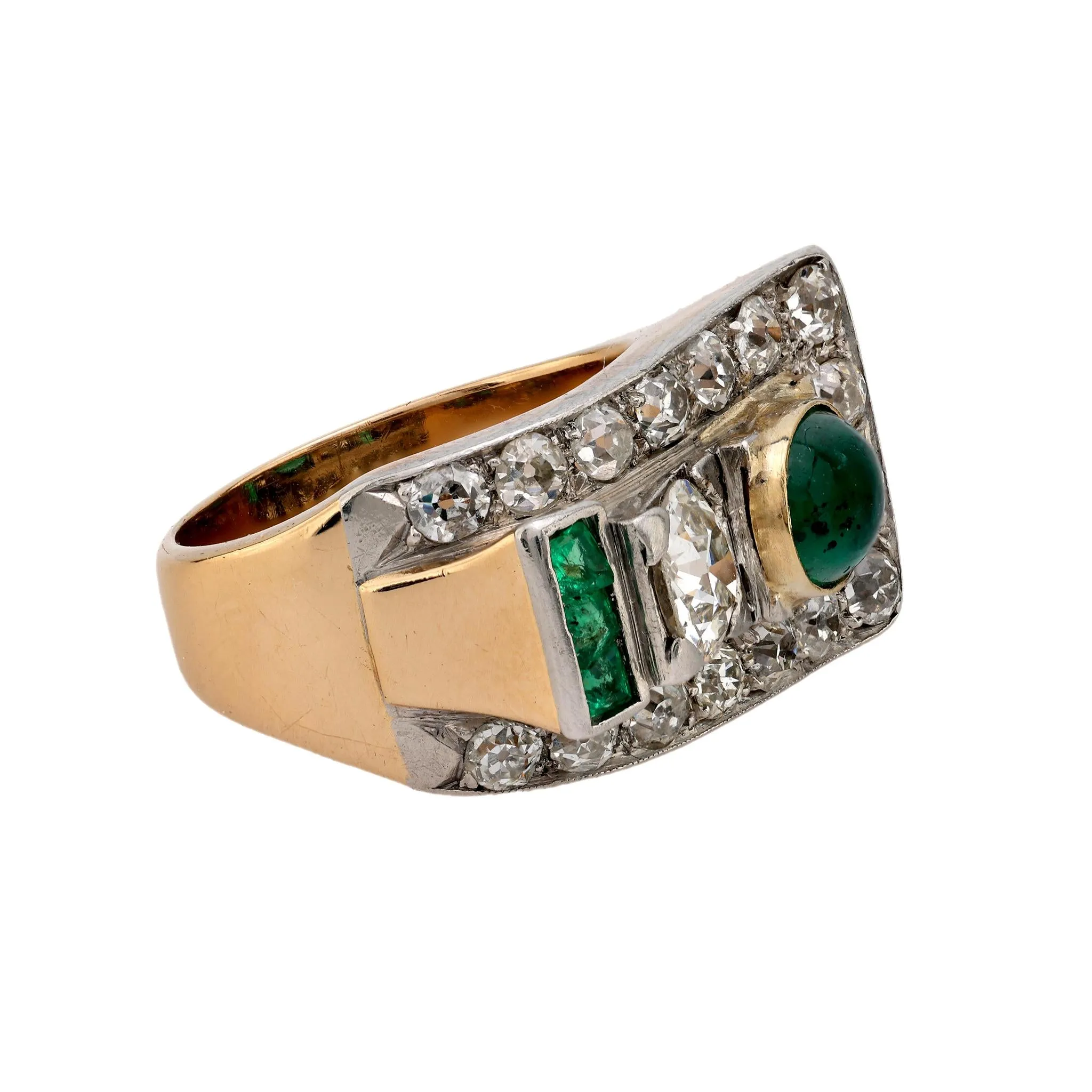 Retro emerald diamond 18k yellow gold tank ring