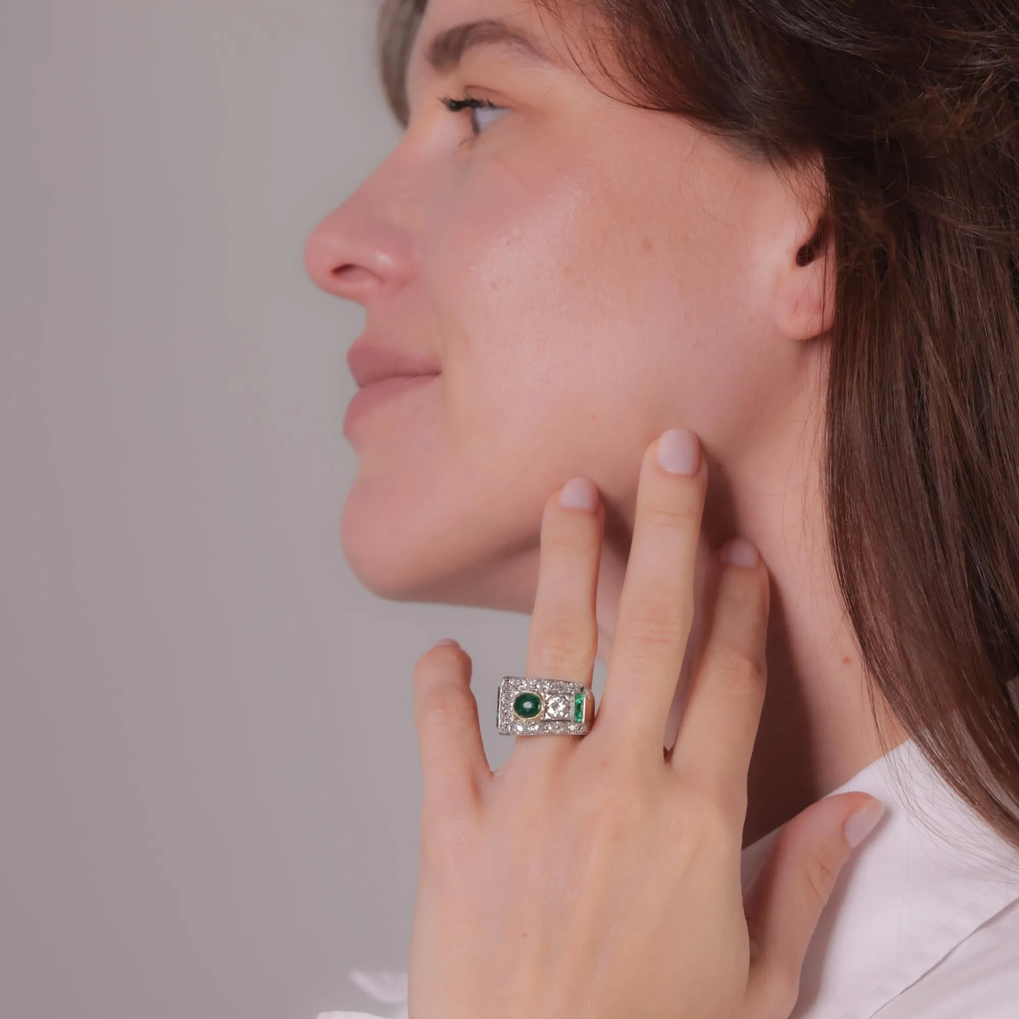Retro emerald diamond 18k yellow gold tank ring