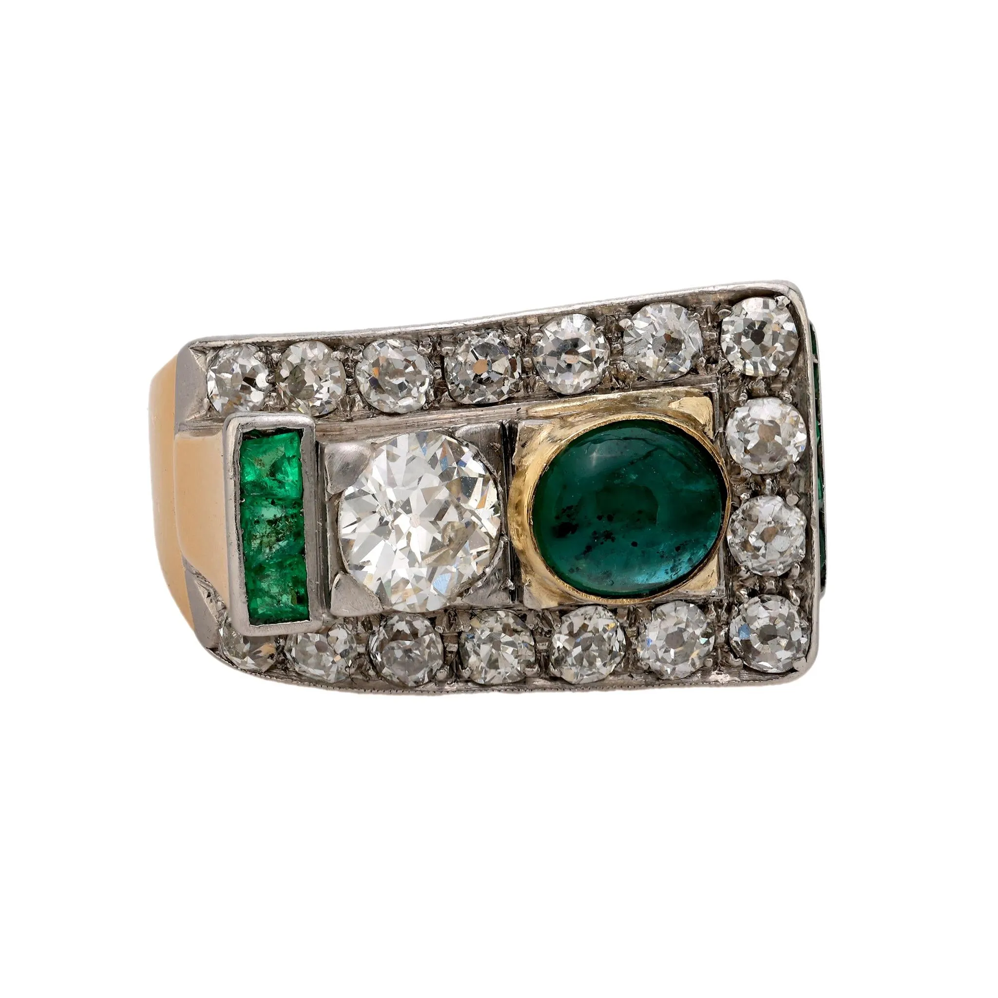 Retro emerald diamond 18k yellow gold tank ring