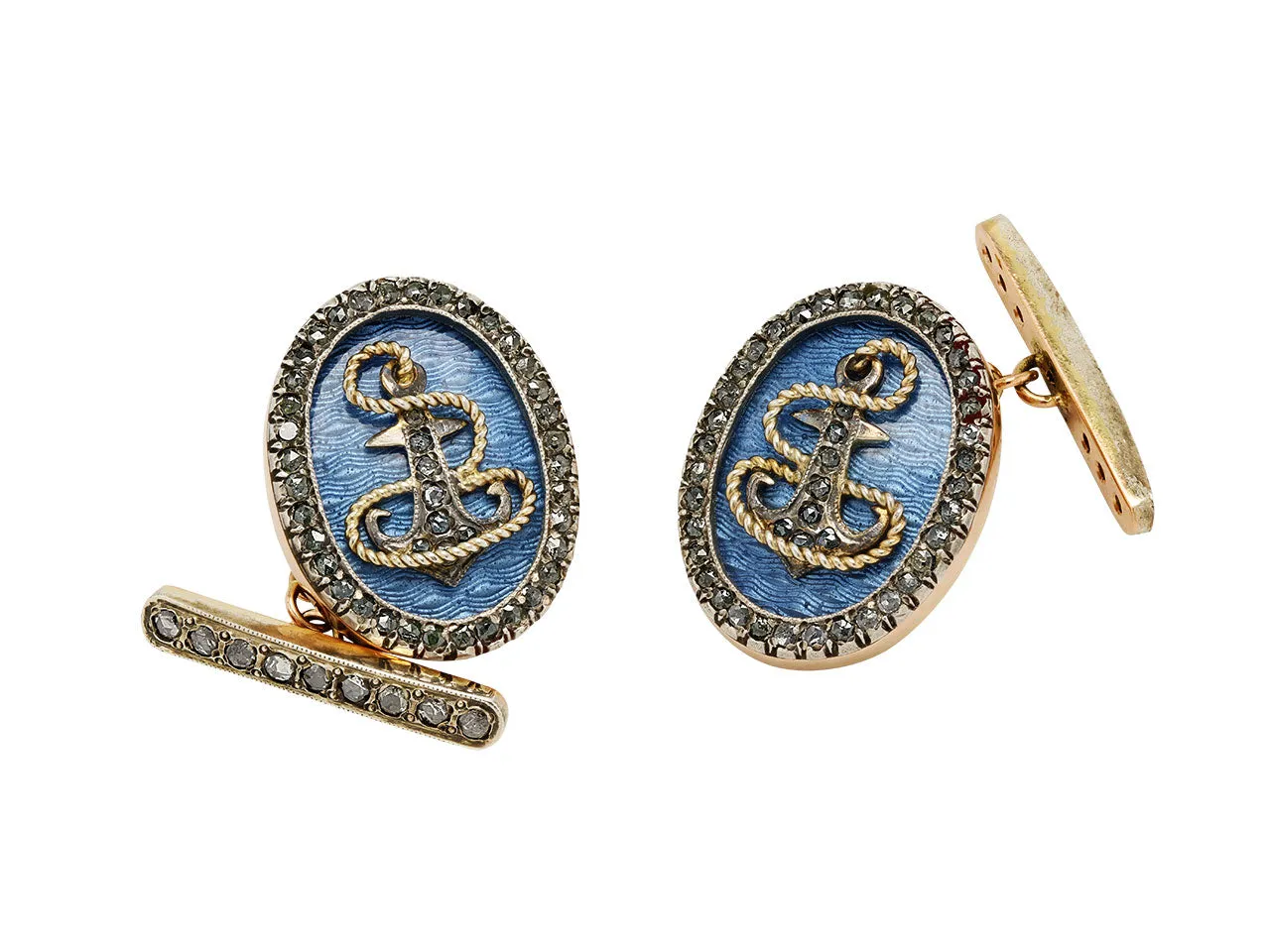 Russian Blue Enamel and Diamond Cufflinks in 14K Rose Gold