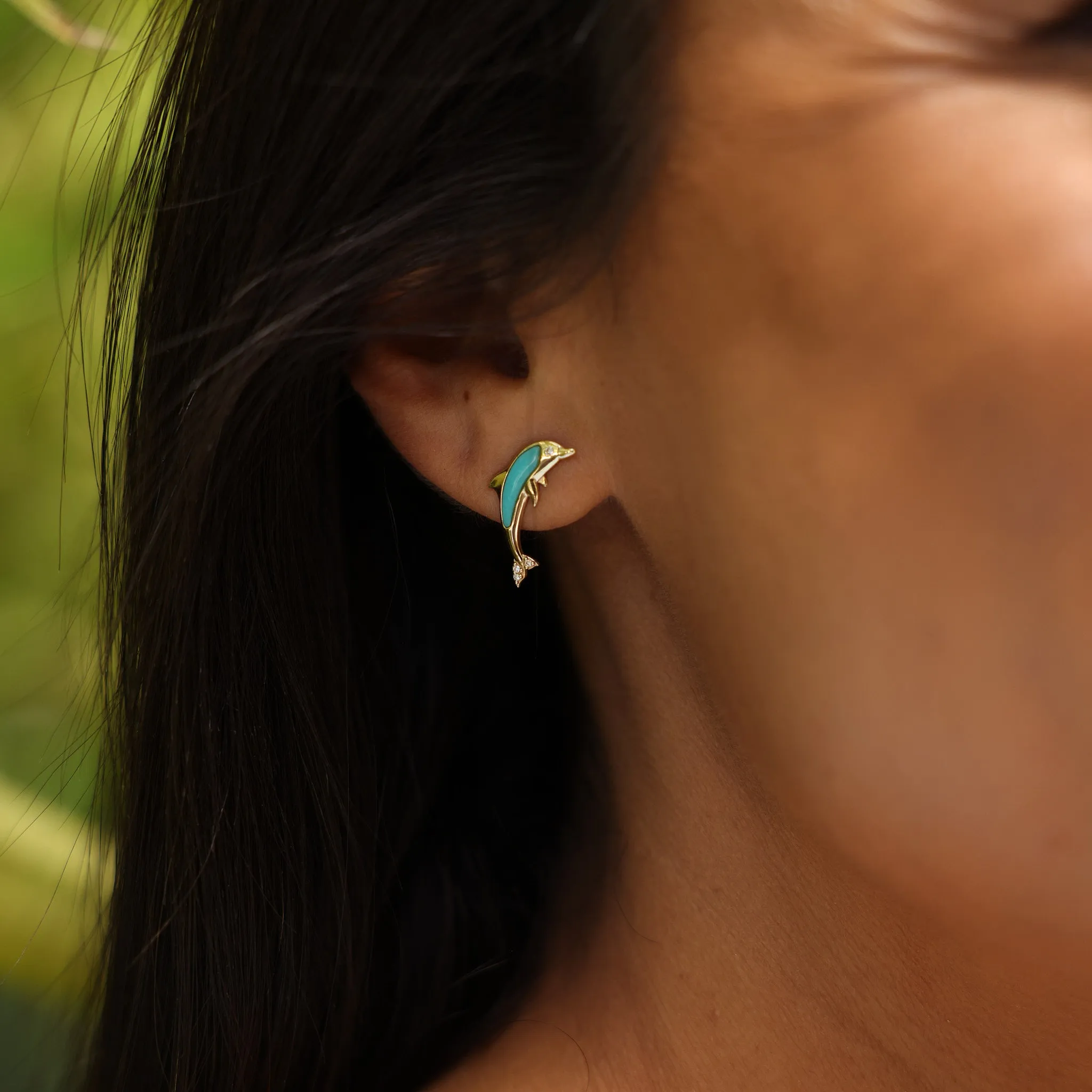 Sealife Dolphin Turquoise Earrings in Gold with Diamonds