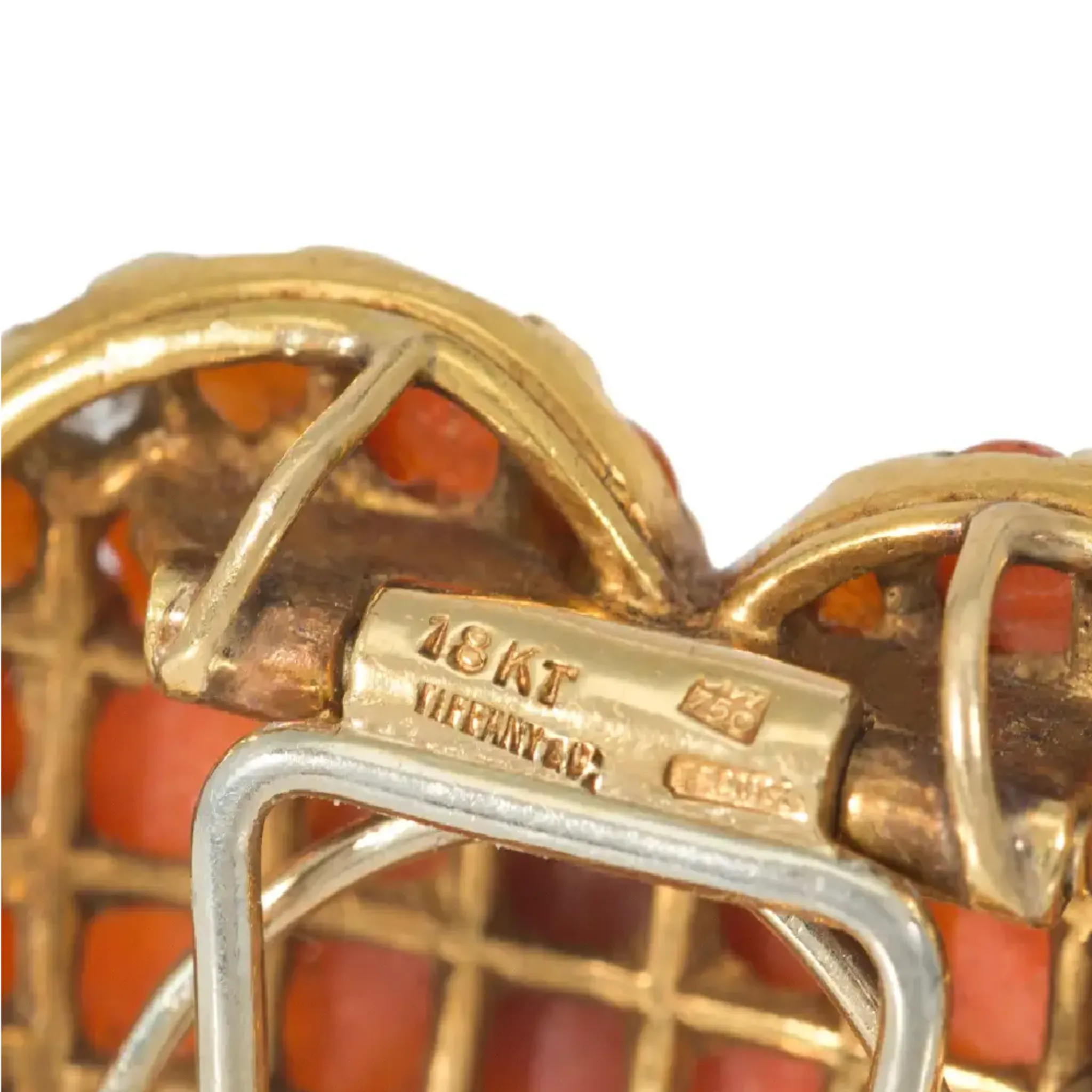 Tiffany & Co. France Retro 18KT Yellow Gold Coral & Diamond Heart Brooch