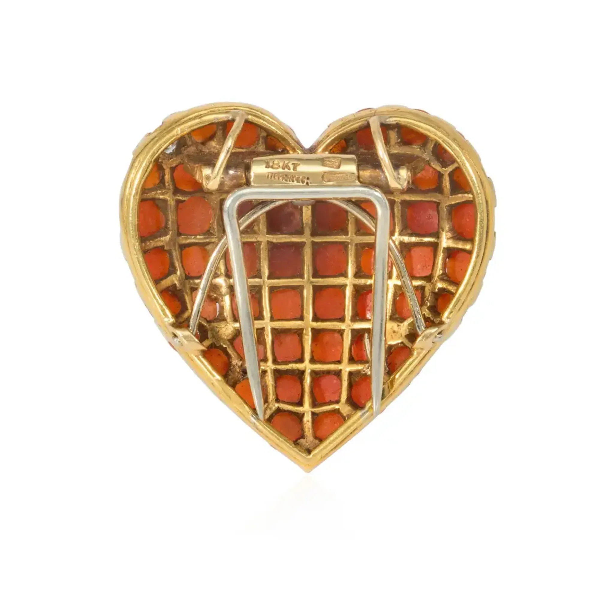 Tiffany & Co. France Retro 18KT Yellow Gold Coral & Diamond Heart Brooch