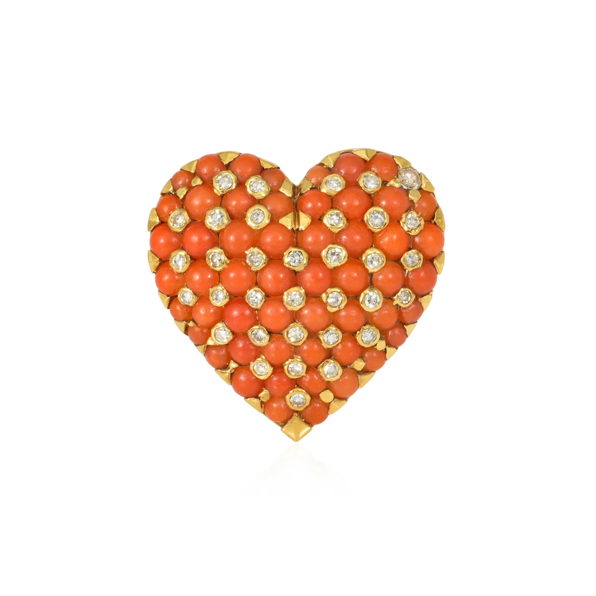 Tiffany & Co. France Retro 18KT Yellow Gold Coral & Diamond Heart Brooch