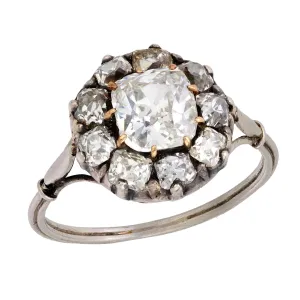 Victorian 1.25 carat antique old mine cut diamond 18k gold silver cluster ring