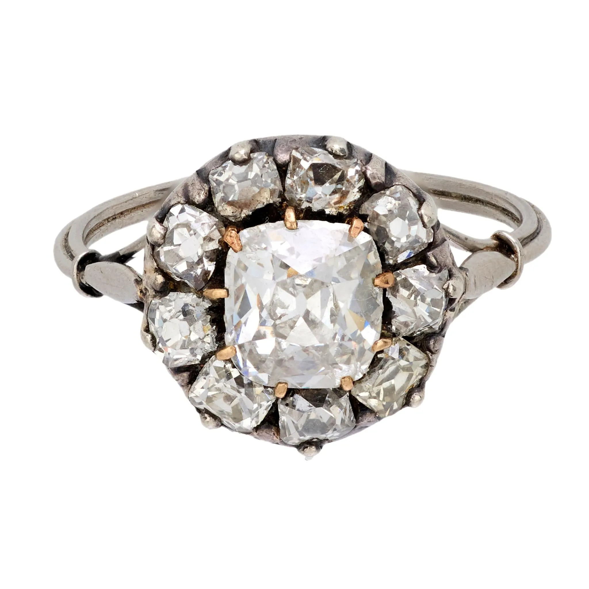 Victorian 1.25 carat antique old mine cut diamond 18k gold silver cluster ring