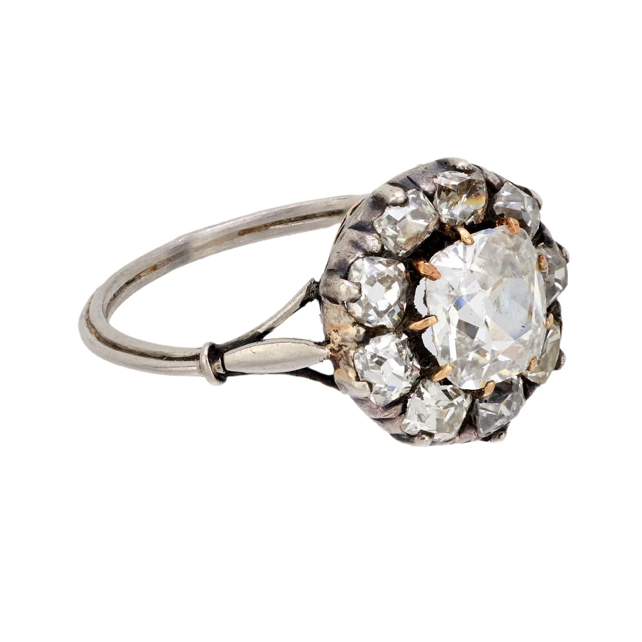 Victorian 1.25 carat antique old mine cut diamond 18k gold silver cluster ring