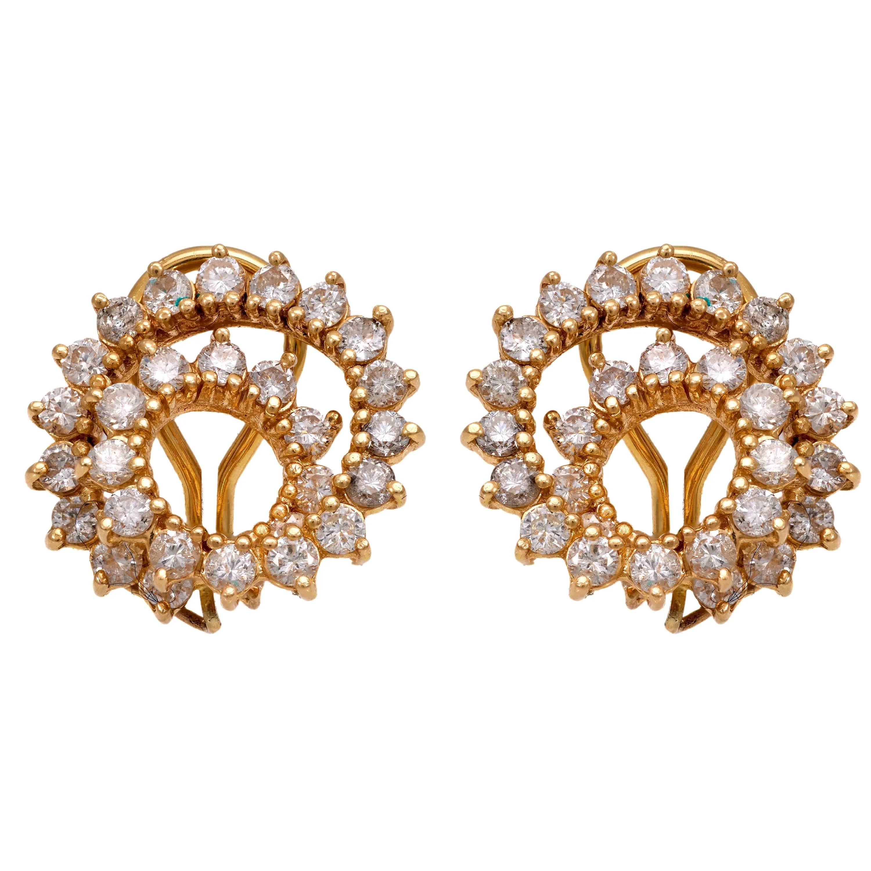 Vintage 3.20 carat total weight diamond 14k yellow gold swirl earrings