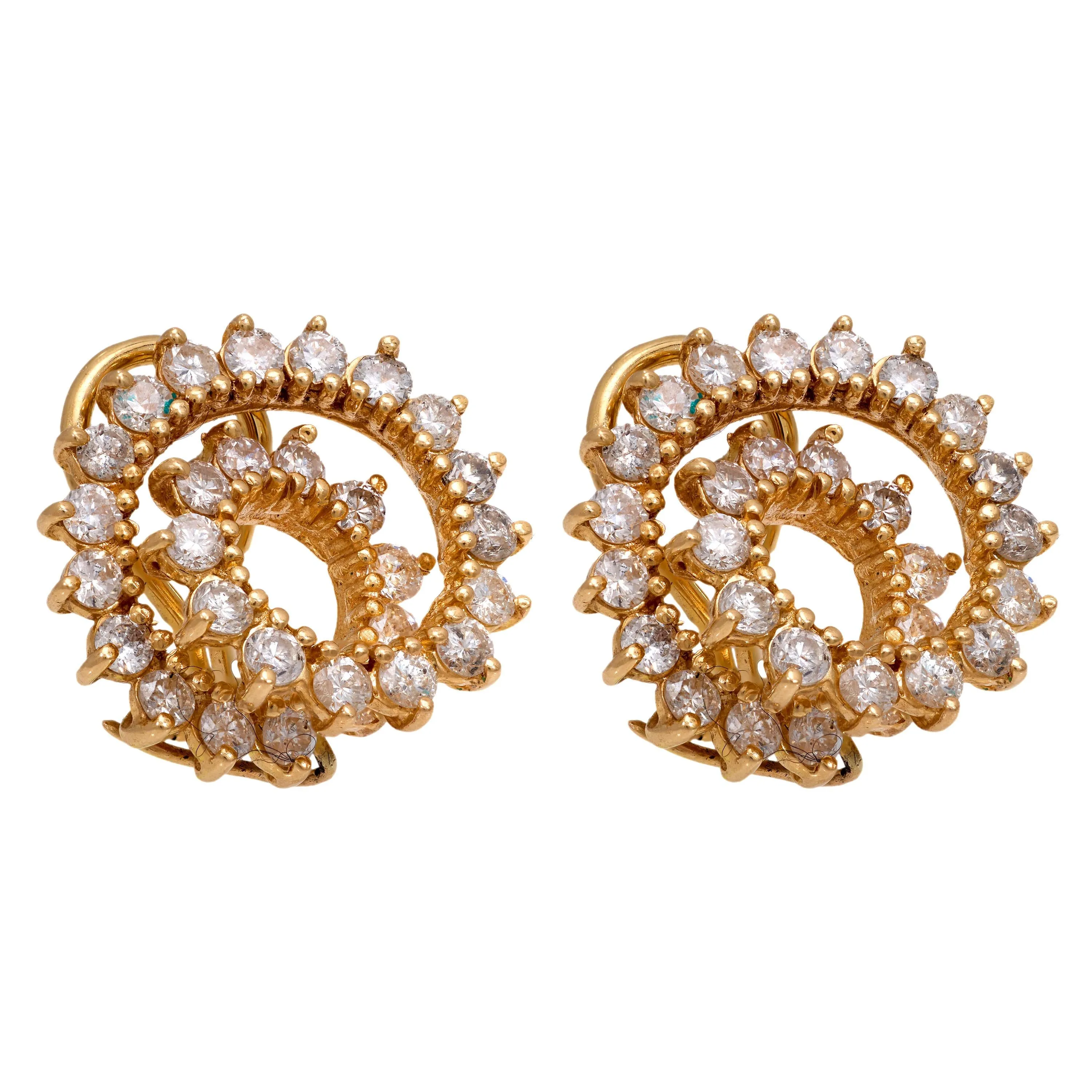 Vintage 3.20 carat total weight diamond 14k yellow gold swirl earrings
