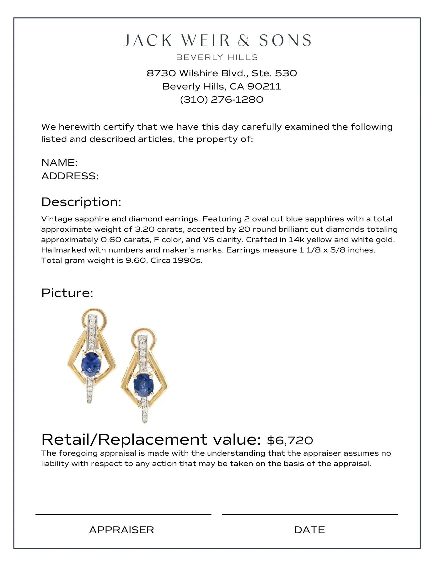 Vintage 3.20 carat total weight sapphire diamond 14k gold earrings