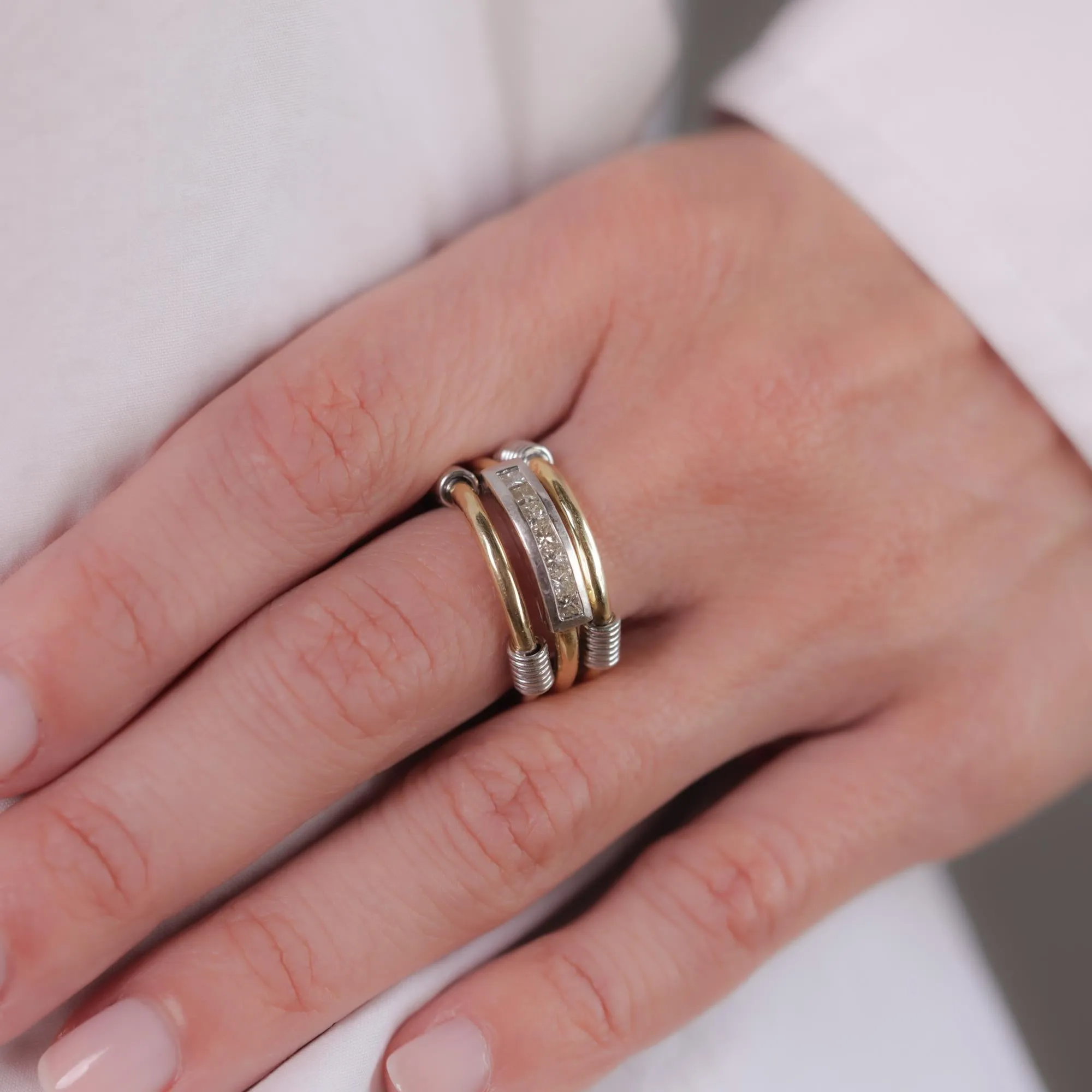 Vintage diamond 14k yellow and white gold three stack ring